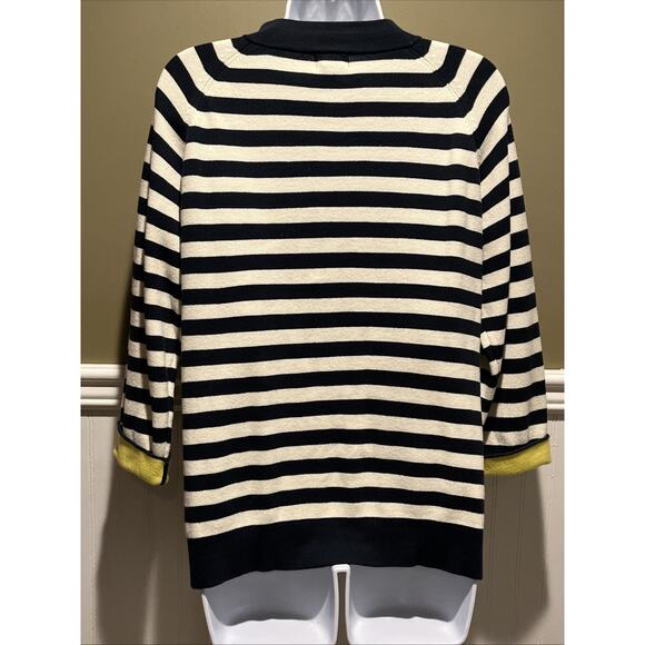 LL Bean Navy Blue White Yellow Striped Cardigan Button With Pockets L - Picture 7 of 8